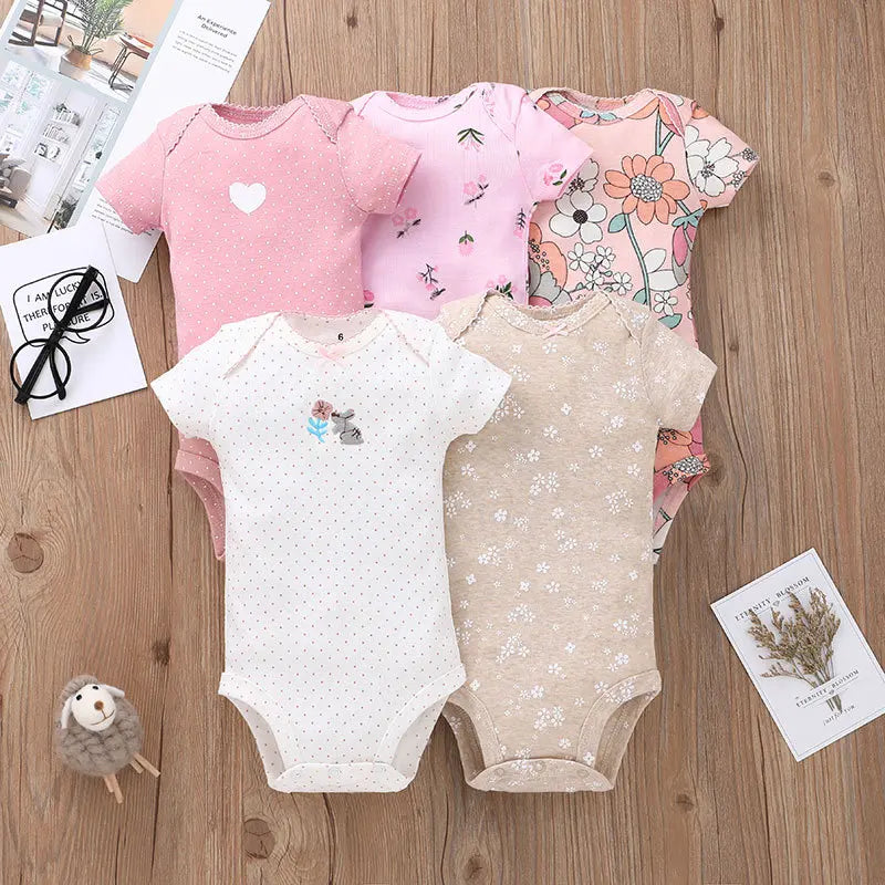 5PCS Baby Bodysuit Set – 100% Cotton Short Sleeve Jumpsuits (6–24M)