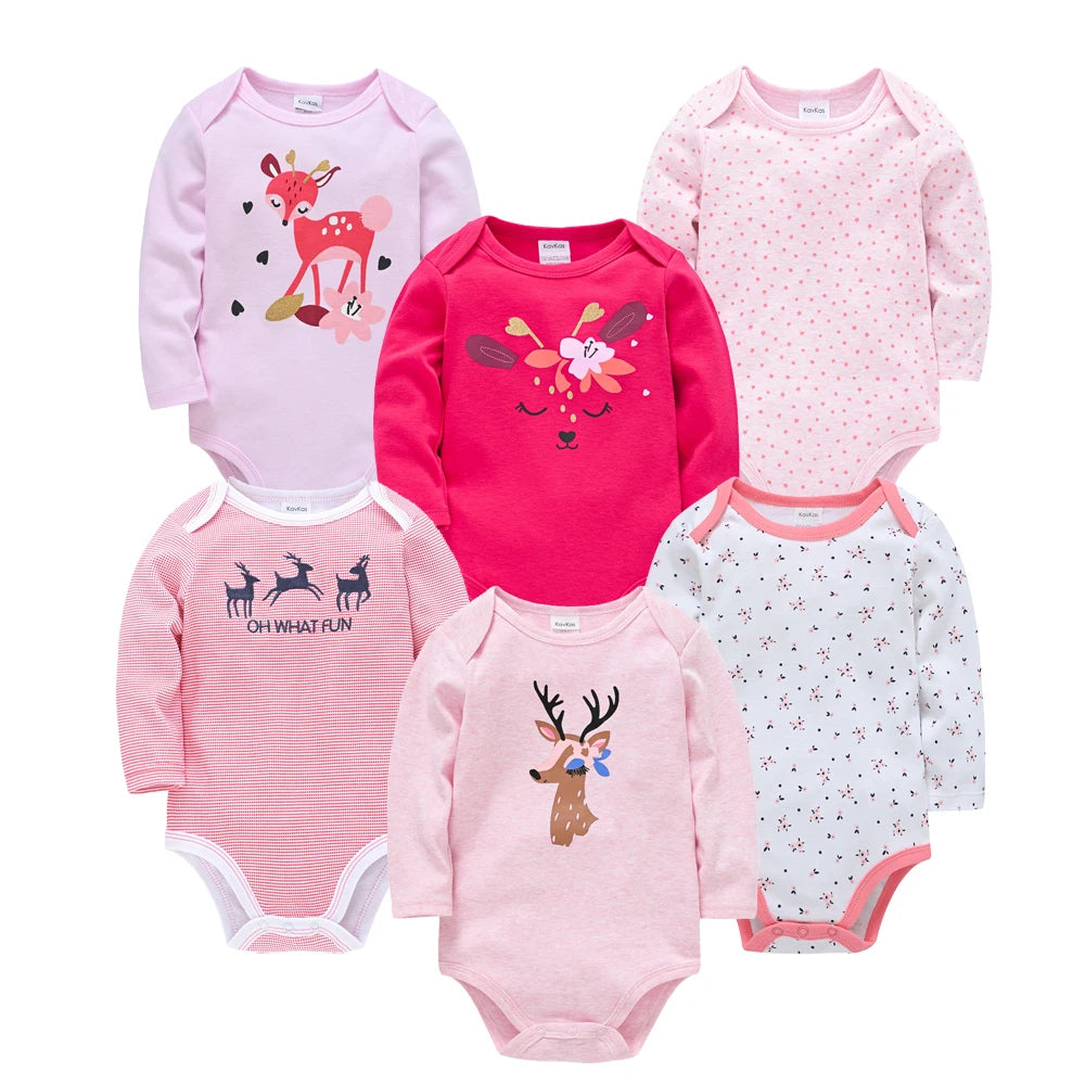 Kavkas Baby Bodysuit Set – 3/6pcs Cotton Long Sleeve Rompers (Newborn–Toddler)