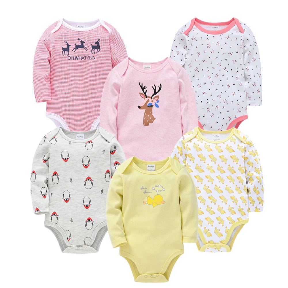Kavkas Baby Bodysuit Set – 3/6pcs Cotton Long Sleeve Rompers (Newborn–Toddler)