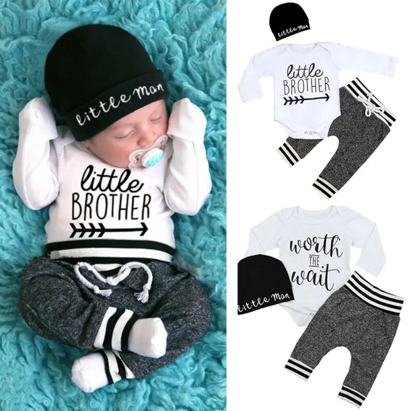 Newborn Baby Boy Outfit – 3pcs Cotton Romper, Pants & Hat Set (0–18M)