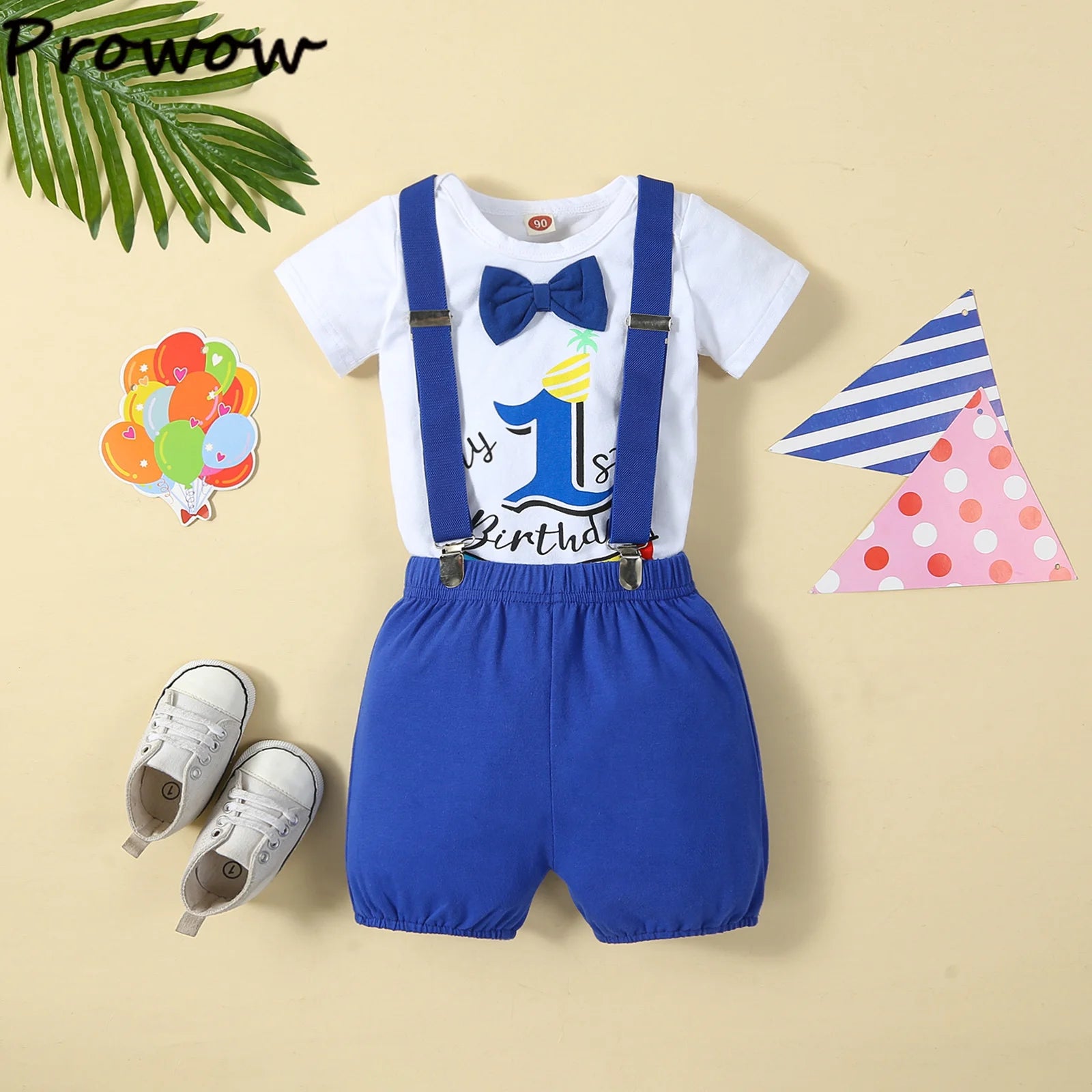 Baby Boy 1st Birthday Outfit – Balloon “1” Bodysuit & Suspender Shorts