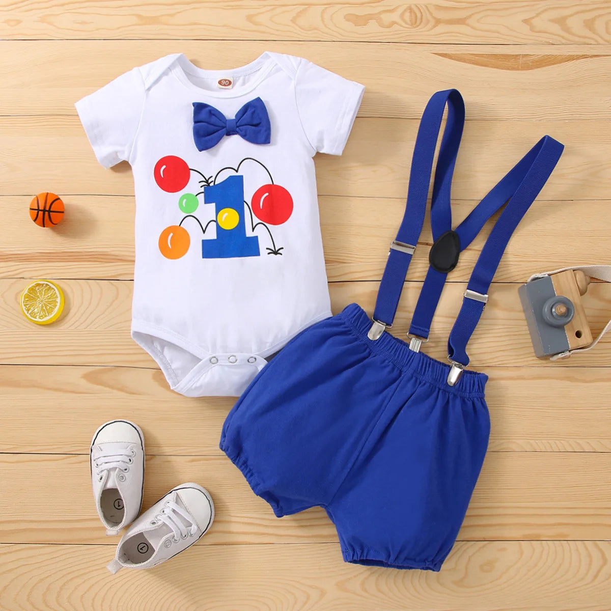 Baby Boy 1st Birthday Outfit – Balloon “1” Bodysuit & Suspender Shorts