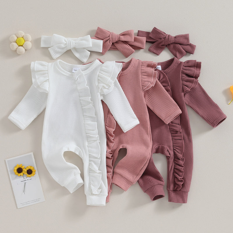 Baby Girl Autumn Jumpsuit – Bow Headband Set