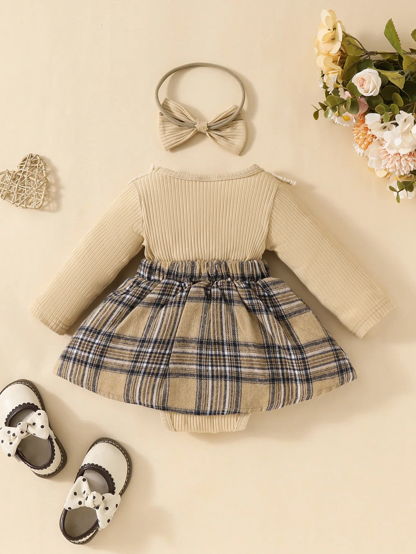 Baby Girl Plaid Jumpsuit with Bow & Headband – Long Sleeve Outfit (0–18M)