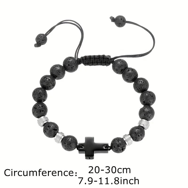 Lava Stone Urn Bracelet with Black Steel Cross