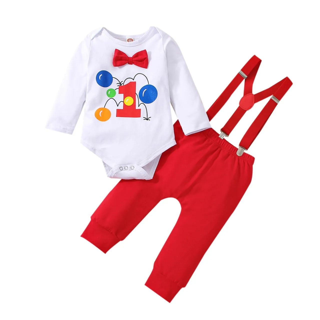 Baby Boy 1st Birthday Outfit – Balloon “1” Bodysuit & Suspender Shorts