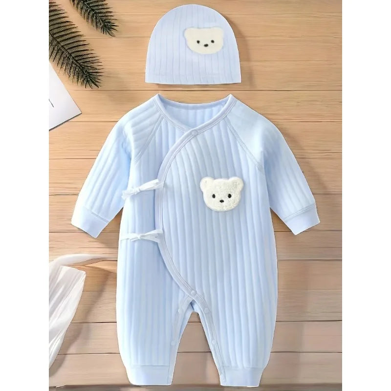 Baby Cartoon Bear Romper with Hat – Cotton Jumpsuit for Newborns