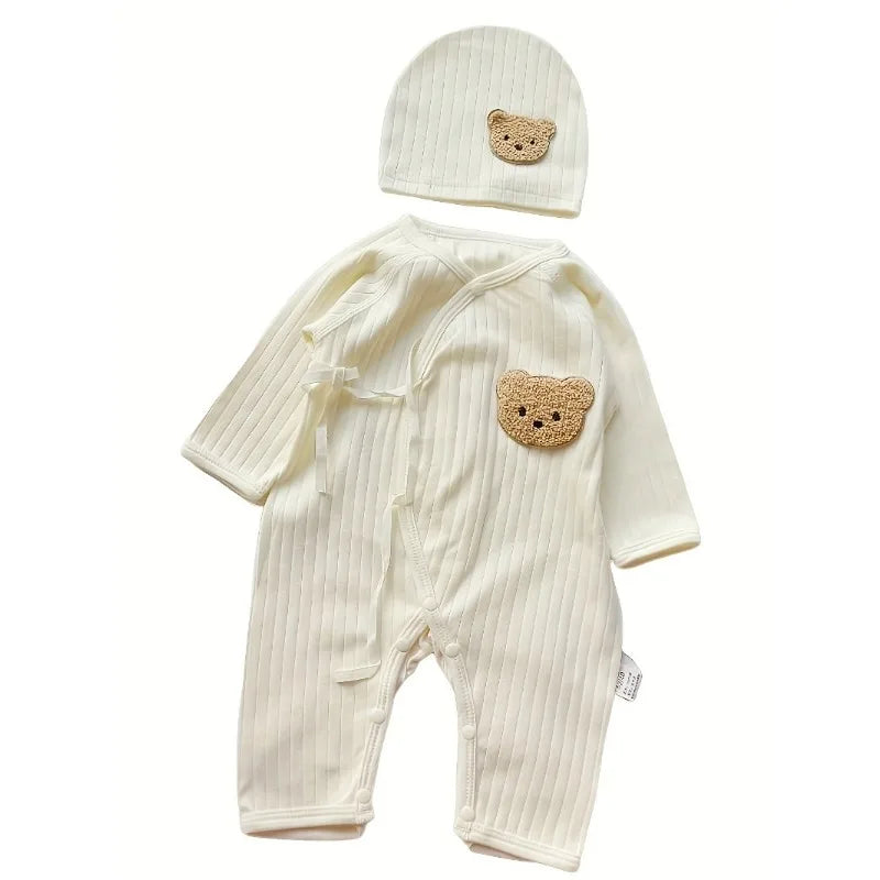 Baby Cartoon Bear Romper with Hat – Cotton Jumpsuit for Newborns