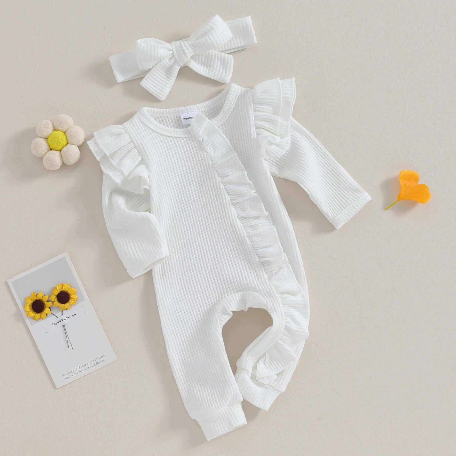 Baby Girl Autumn Jumpsuit – Bow Headband Set