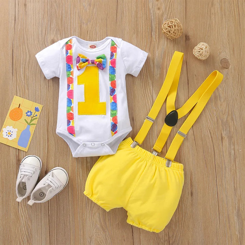 Baby Boy 1st Birthday Outfit – Balloon “1” Bodysuit & Suspender Shorts
