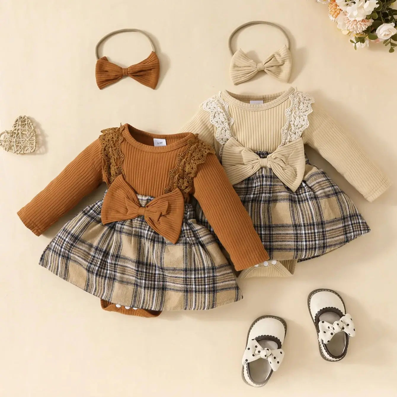 Baby Girl Plaid Jumpsuit with Bow & Headband – Long Sleeve Outfit (0–18M)