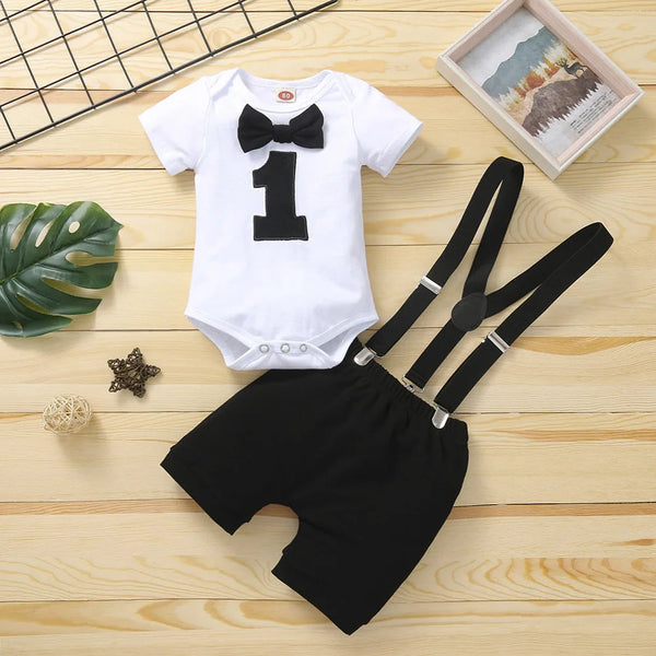 Baby Boy 1st Birthday Outfit – Balloon “1” Bodysuit & Suspender Shorts