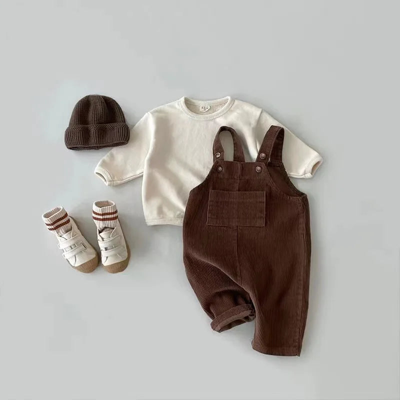 Baby Corduroy Suspender Romper – Solid Color Toddler Jumpsuit