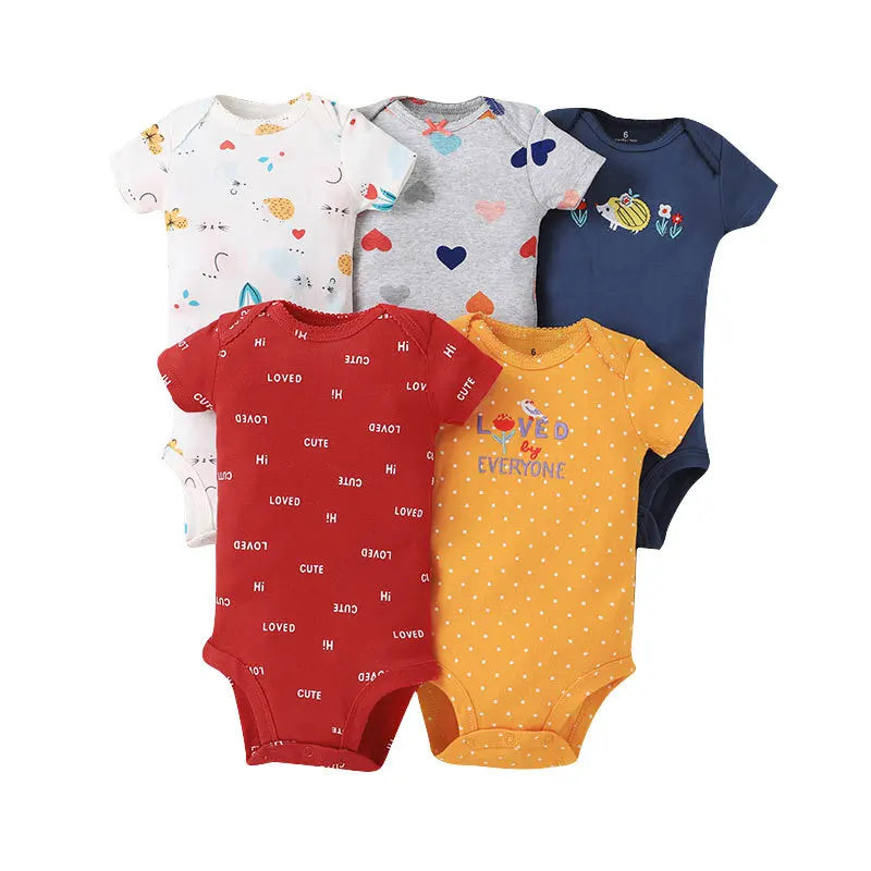 5PCS Baby Bodysuit Set – 100% Cotton Short Sleeve Jumpsuits (6–24M)
