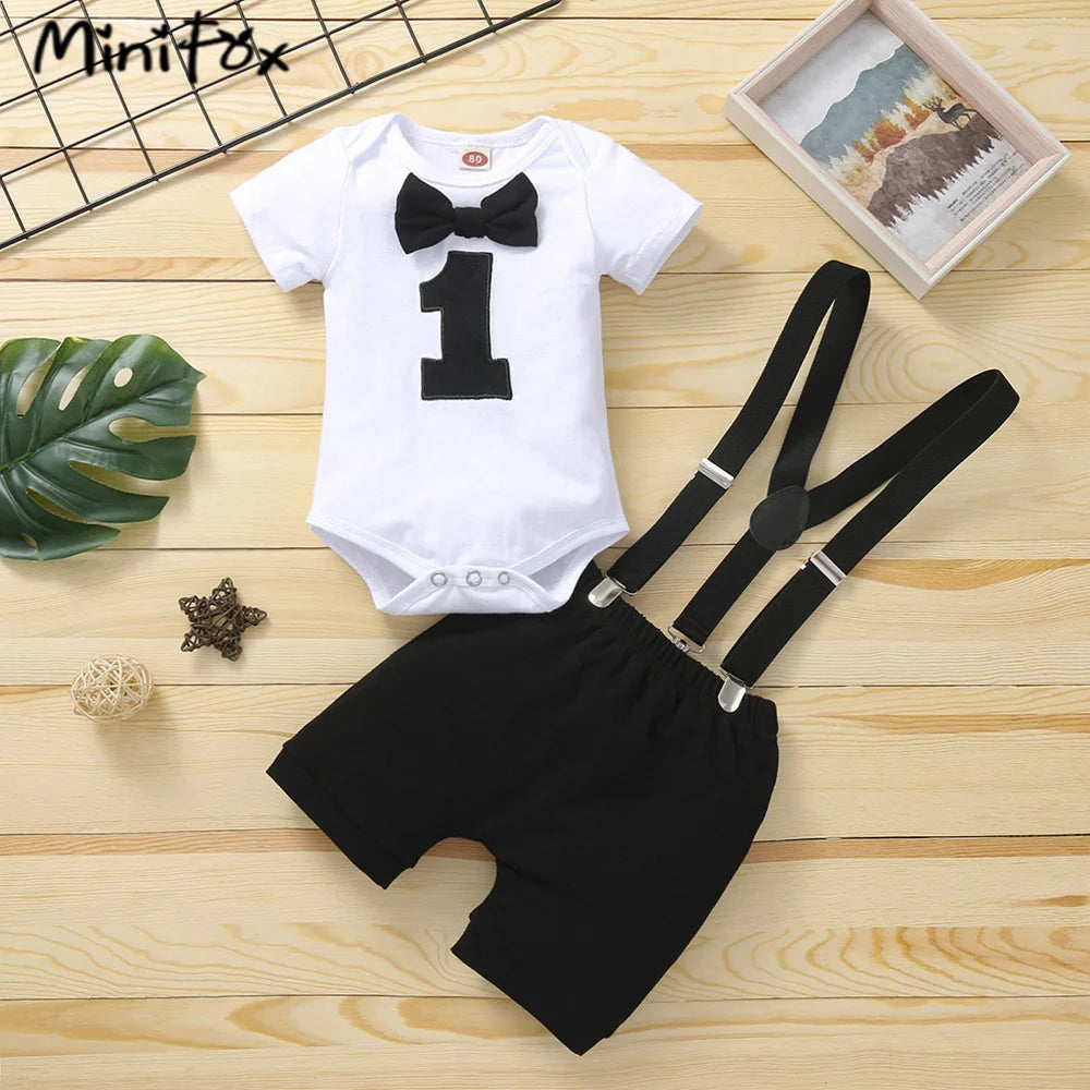 Baby Boy 1st Birthday Outfit – Balloon “1” Bodysuit & Suspender Shorts