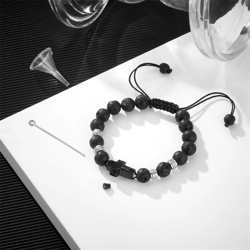 Lava Stone Urn Bracelet with Black Steel Cross