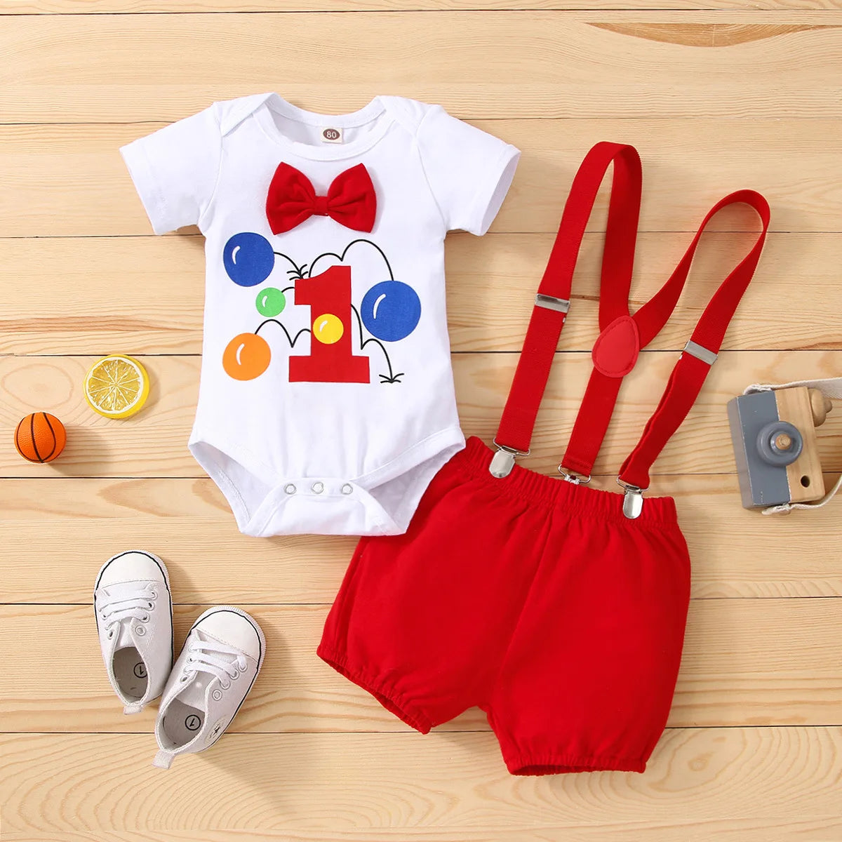 Baby Boy 1st Birthday Outfit – Balloon “1” Bodysuit & Suspender Shorts