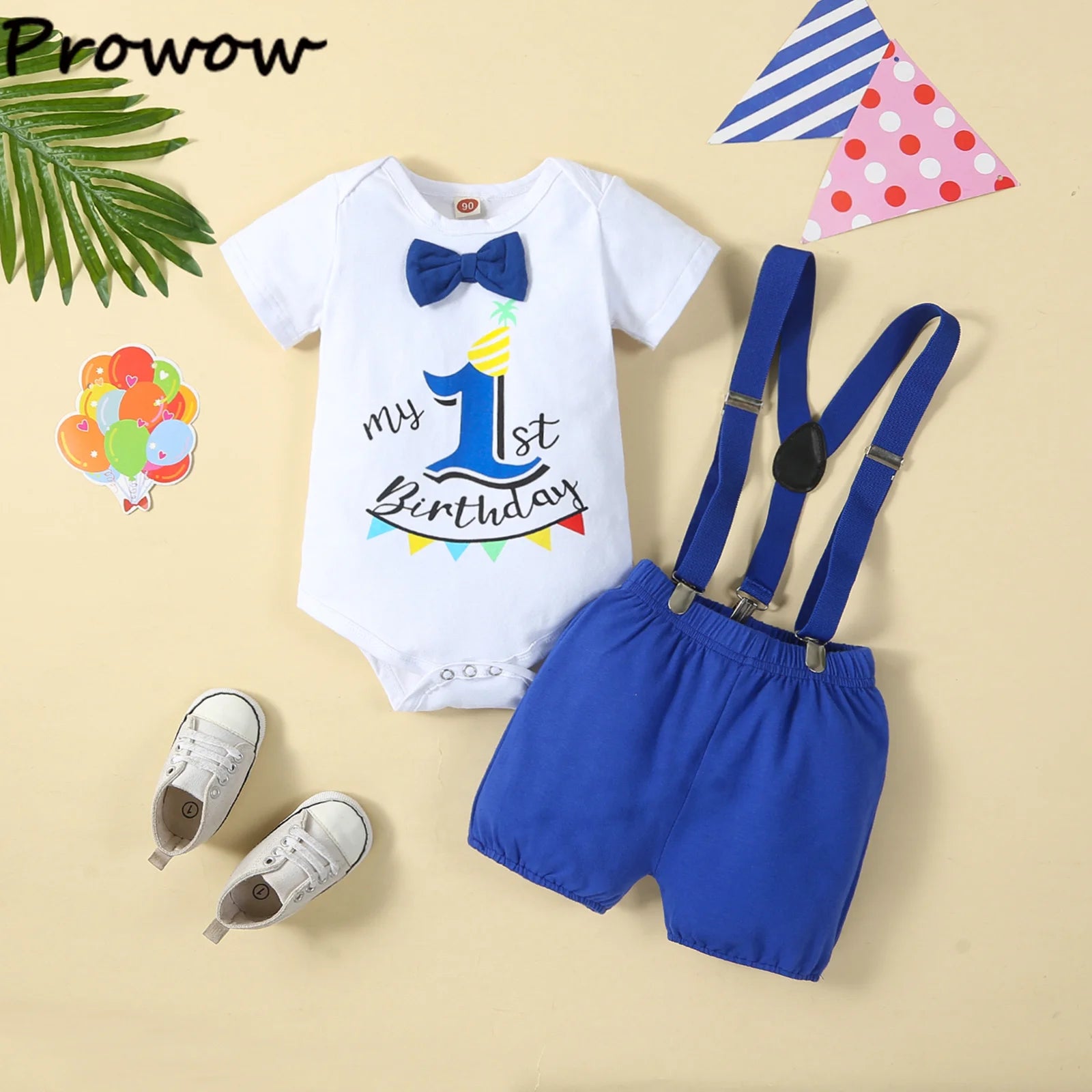 Baby Boy 1st Birthday Outfit – Balloon “1” Bodysuit & Suspender Shorts