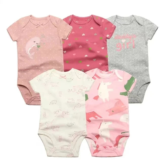 5PCS Baby Bodysuit Set – 100% Cotton Short Sleeve Jumpsuits (6–24M)