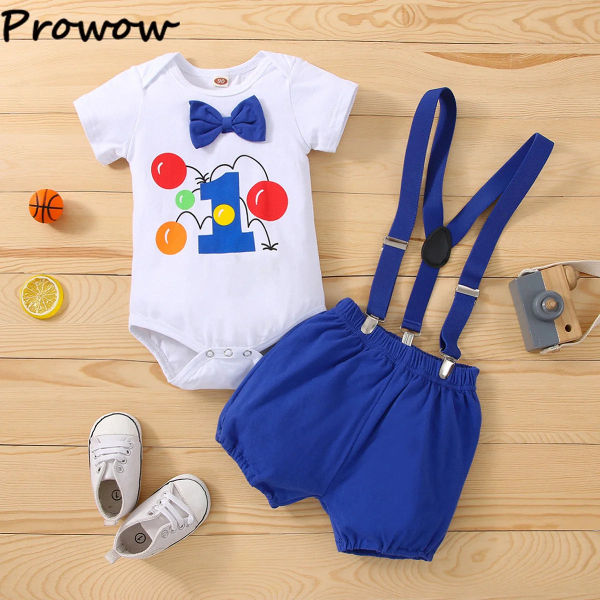 Baby Boy 1st Birthday Outfit – Balloon “1” Bodysuit & Suspender Shorts