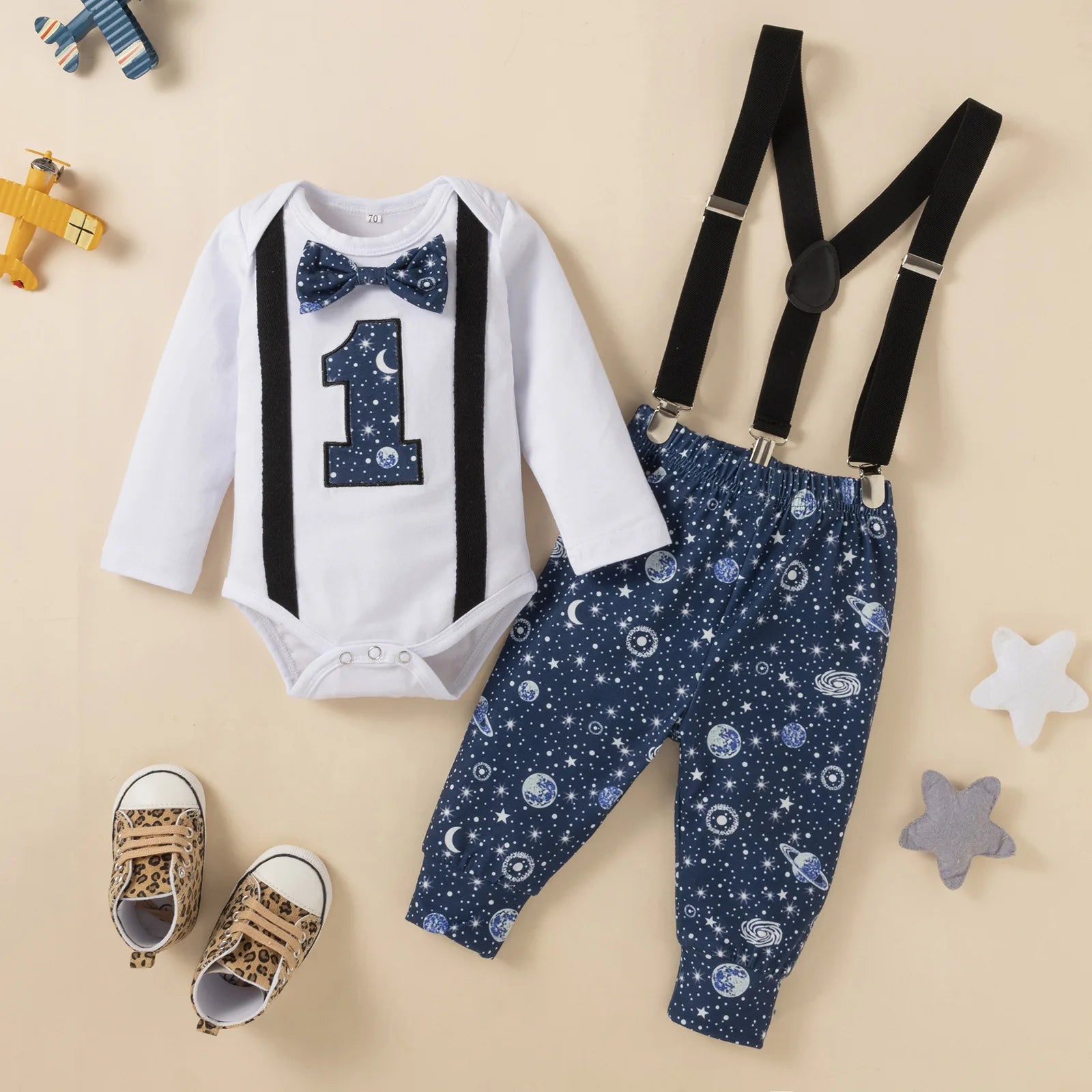 Baby Boy 1st Birthday Outfit – Balloon “1” Bodysuit & Suspender Shorts