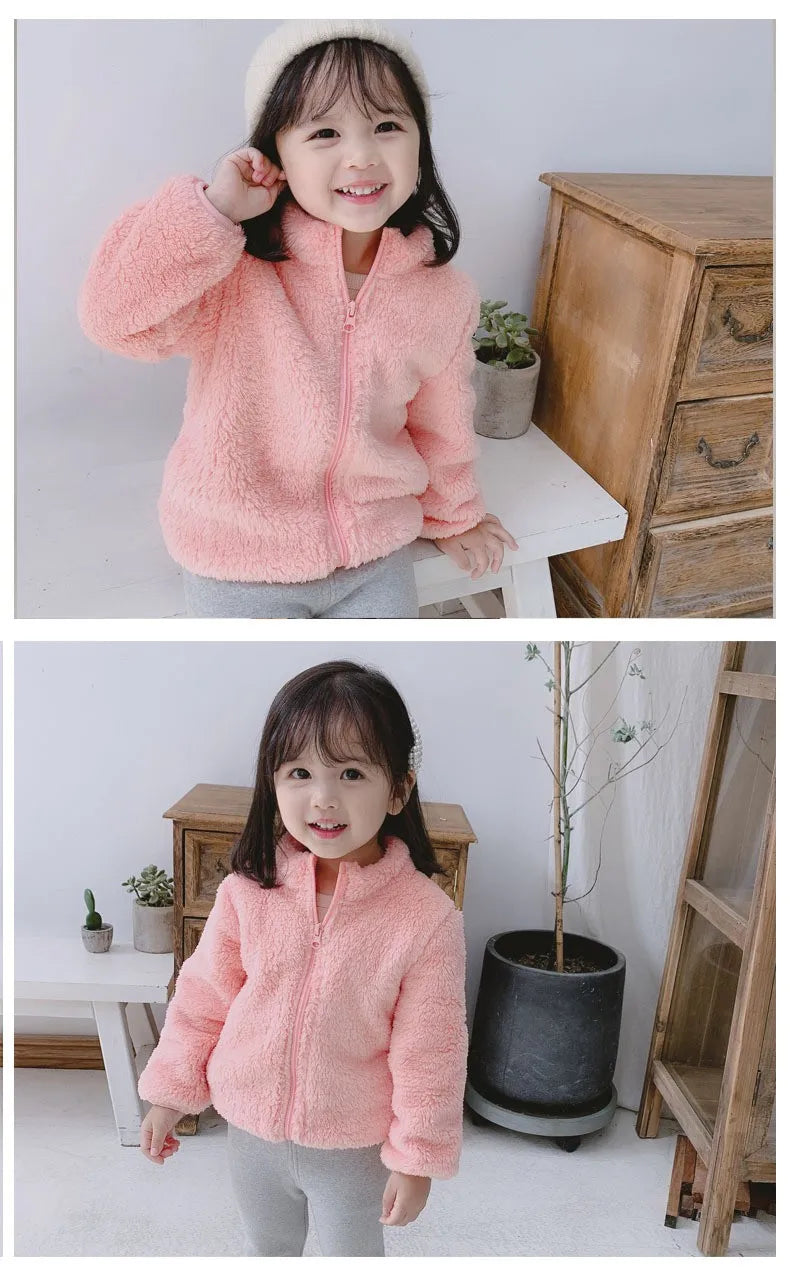 Children’s Plush Coat – Solid Color Warm Jacket for Toddlers & Kids