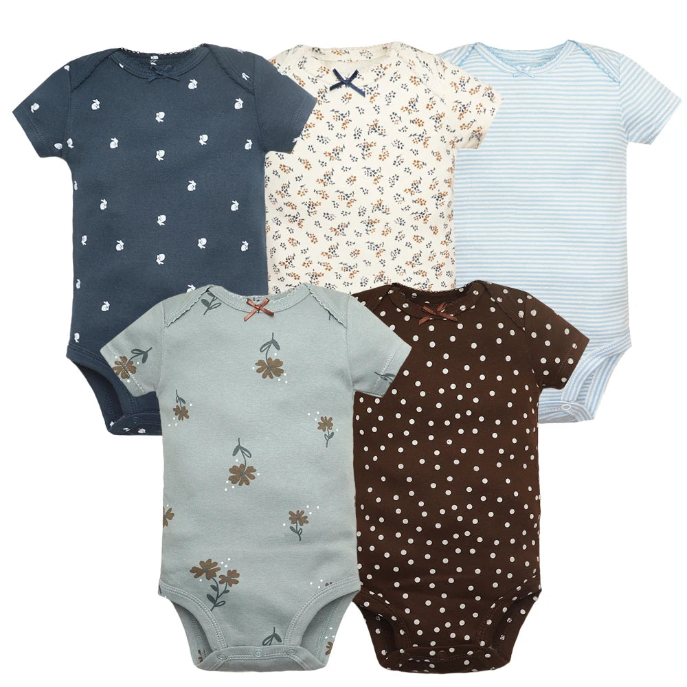 5PCS Baby Bodysuit Set – 100% Cotton Short Sleeve Jumpsuits (6–24M)