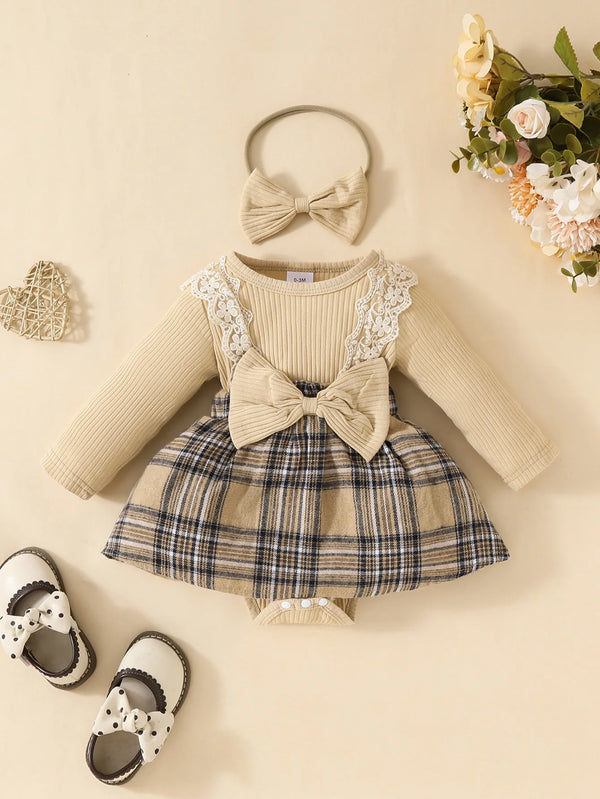 Baby Girl Plaid Jumpsuit with Bow & Headband – Long Sleeve Outfit (0–18M)