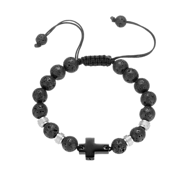 Lava Stone Urn Bracelet with Black Steel Cross