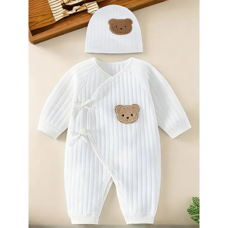 Baby Cartoon Bear Romper with Hat – Cotton Jumpsuit for Newborns