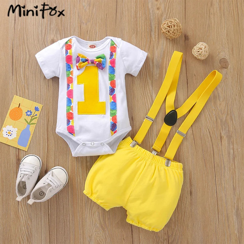 Baby Boy 1st Birthday Outfit – Balloon “1” Bodysuit & Suspender Shorts