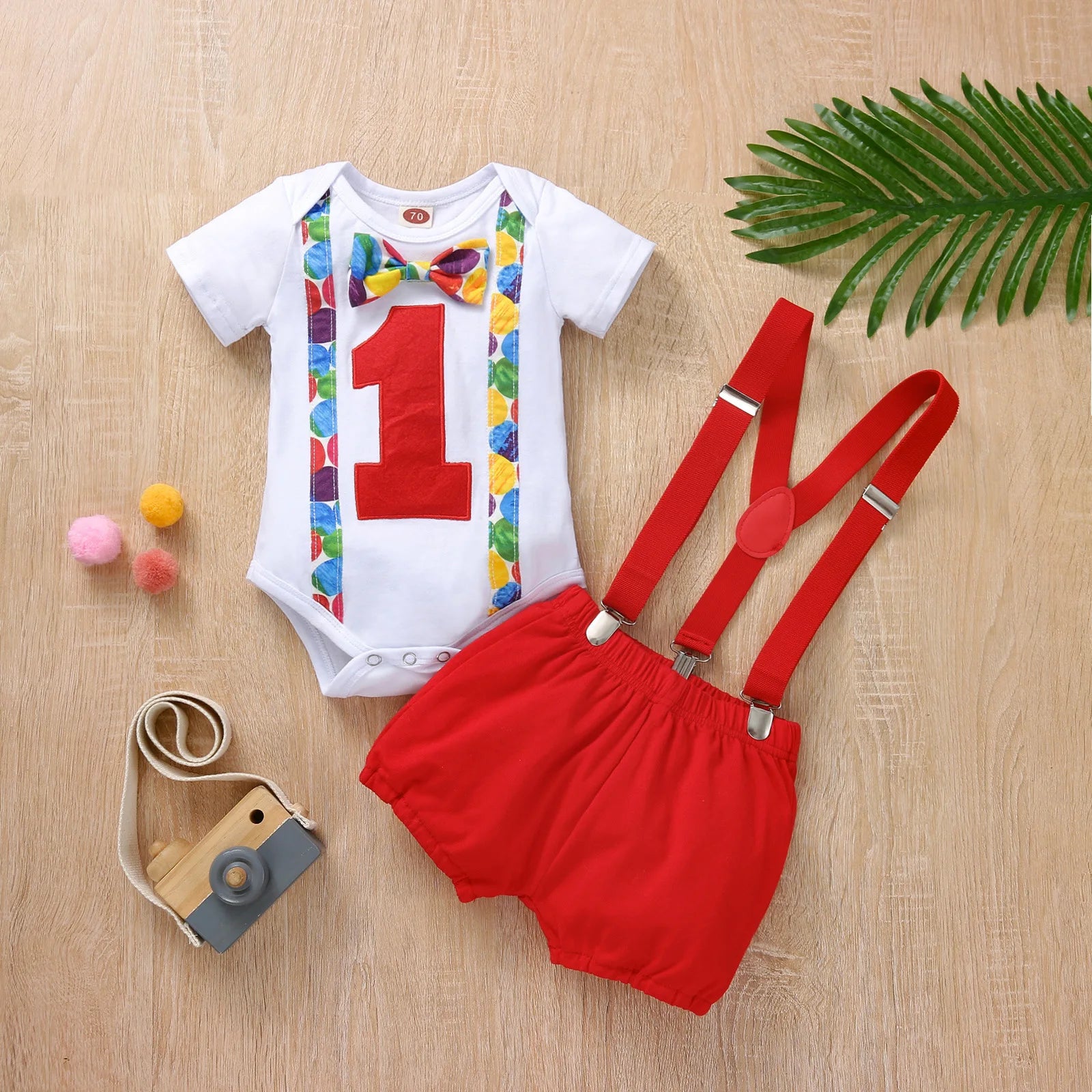 Baby Boy 1st Birthday Outfit – Balloon “1” Bodysuit & Suspender Shorts