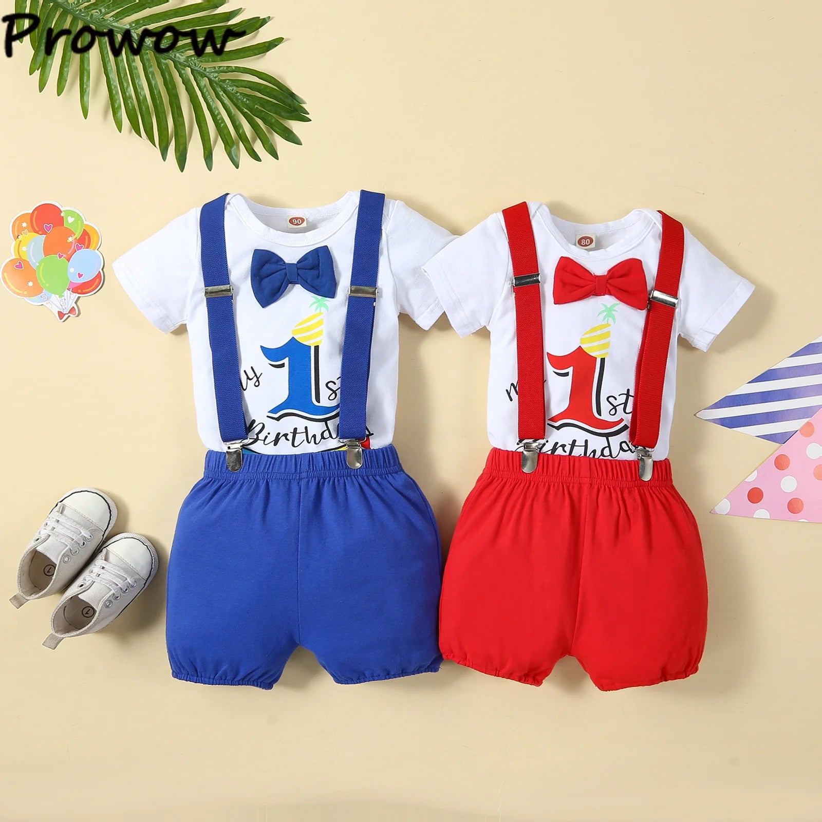 Baby Boy 1st Birthday Outfit – Balloon “1” Bodysuit & Suspender Shorts