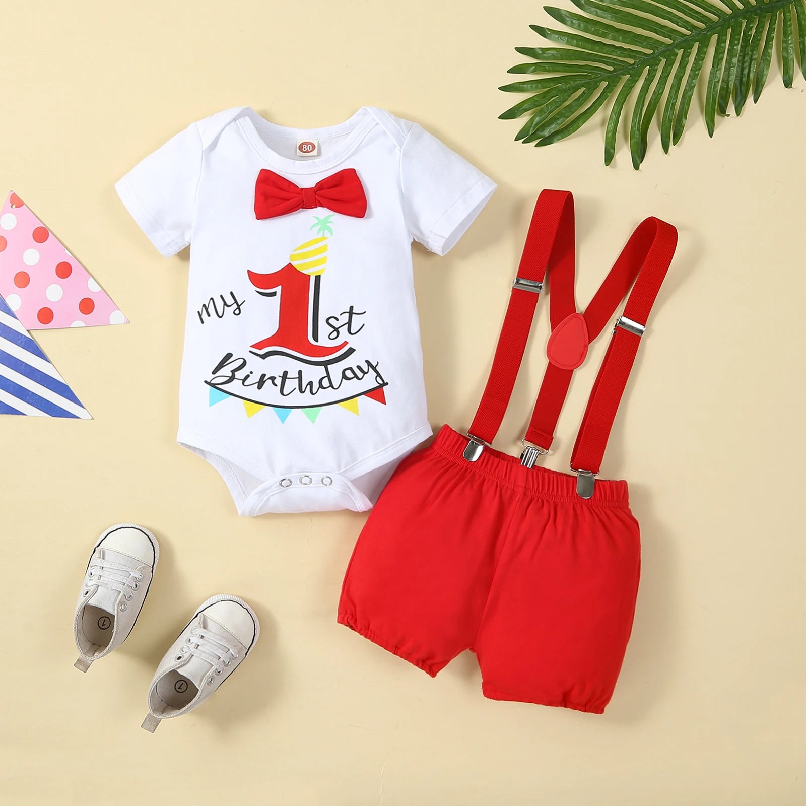 Baby Boy 1st Birthday Outfit – Balloon “1” Bodysuit & Suspender Shorts