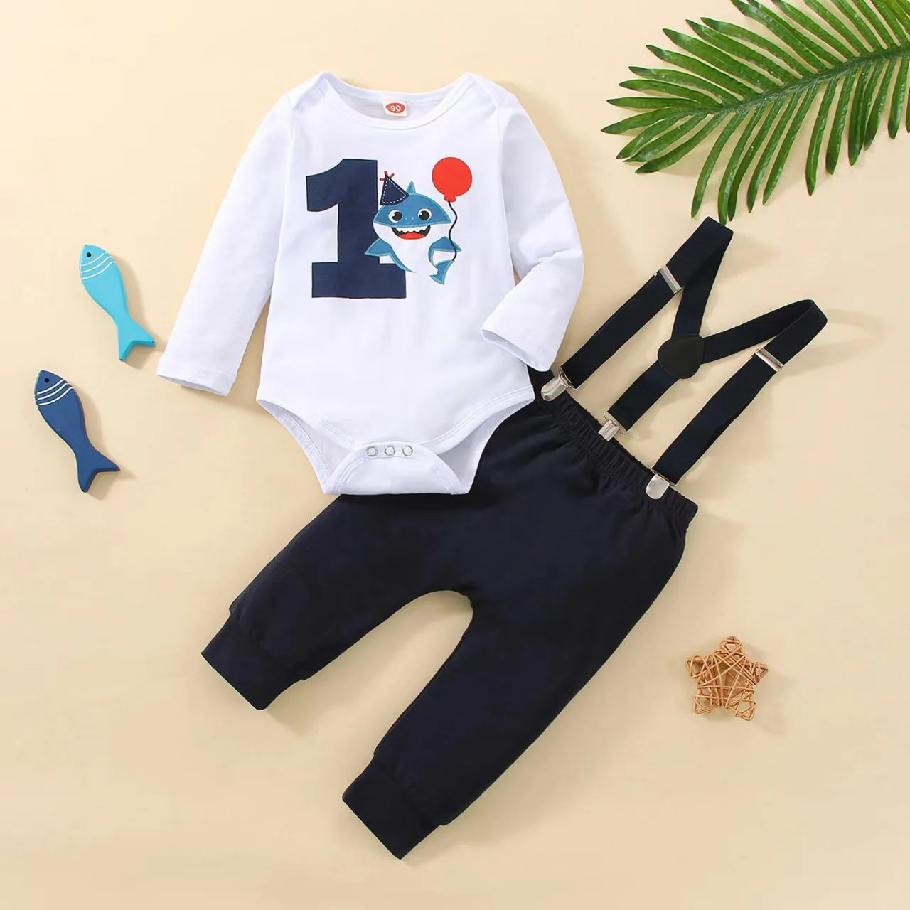 Baby Boy 1st Birthday Outfit – Balloon “1” Bodysuit & Suspender Shorts