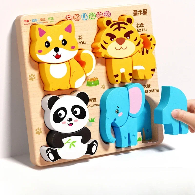 Montessori 3D Wooden Animal Traffic Puzzle – Educational Toy