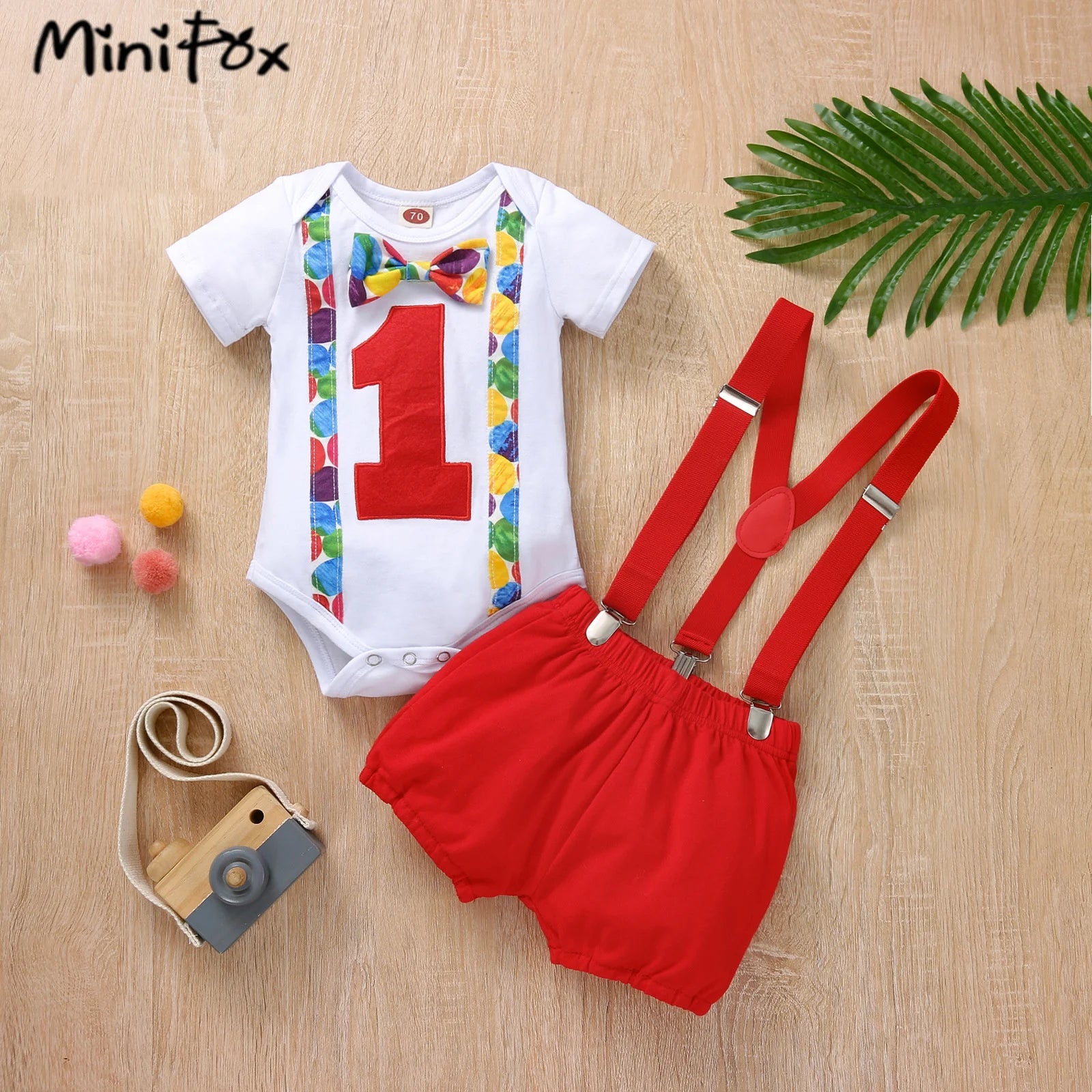 Baby Boy 1st Birthday Outfit – Balloon “1” Bodysuit & Suspender Shorts