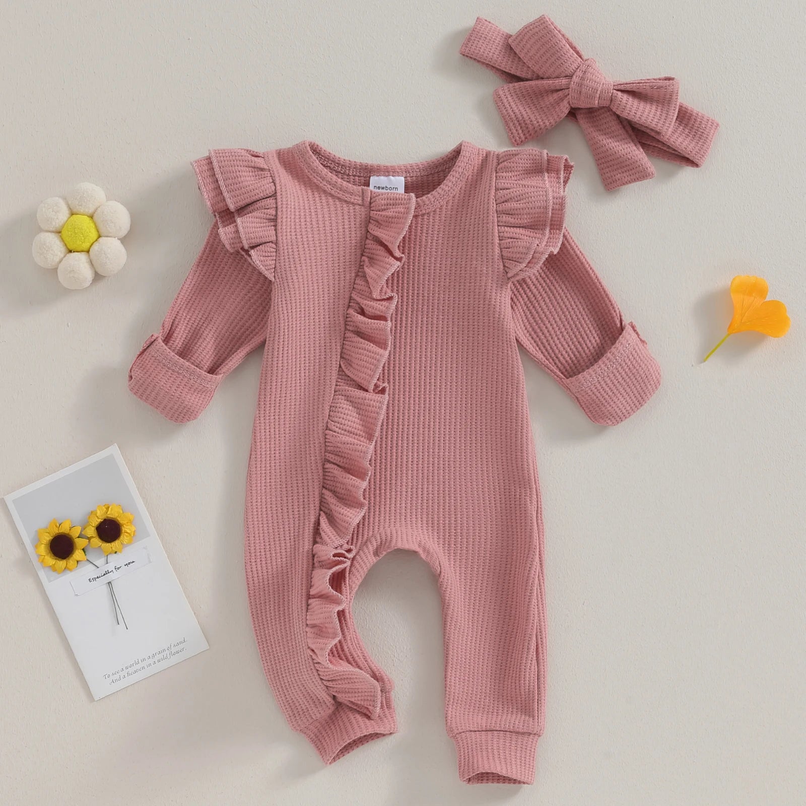 Baby Girl Autumn Jumpsuit – Bow Headband Set