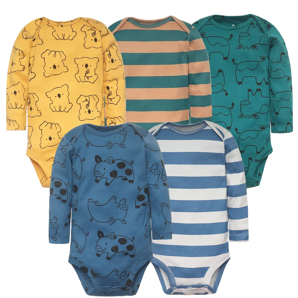 5-Piece Baby Bodysuit Set – Cotton Cartoon Jumpsuits