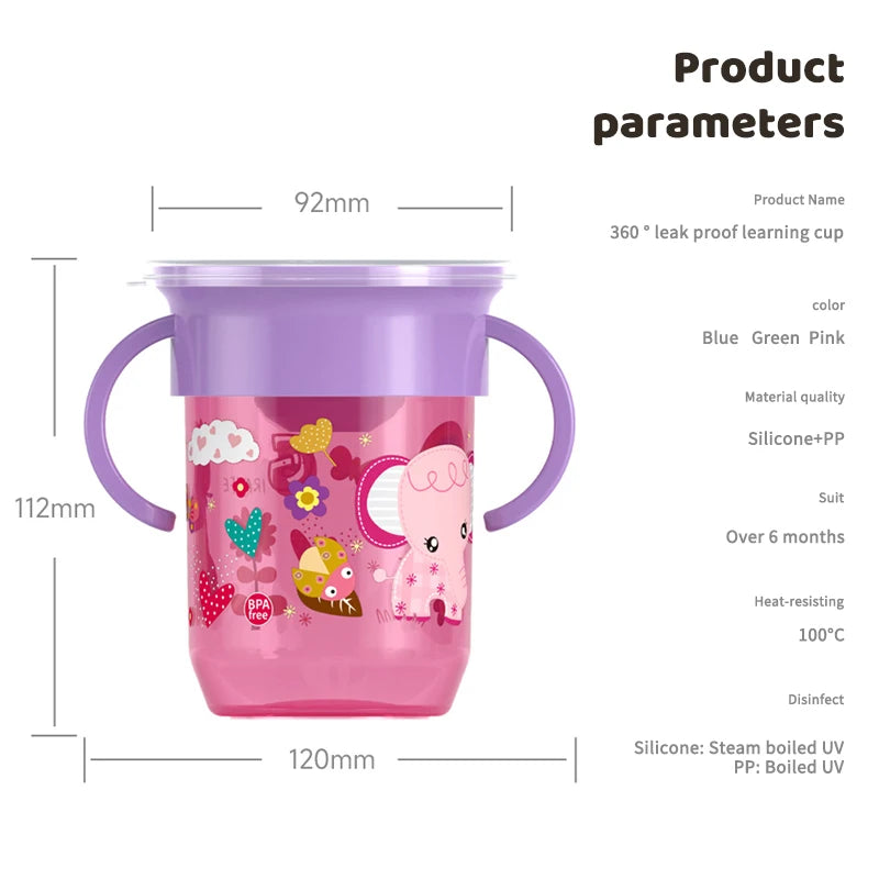 360° Cartoon Baby Training Cup – BPA-Free Leakproof with Handles