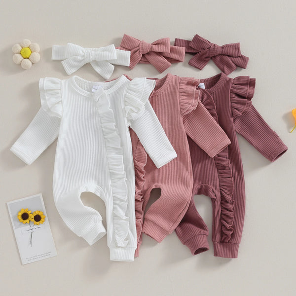 Baby Girl Autumn Jumpsuit – Bow Headband Set