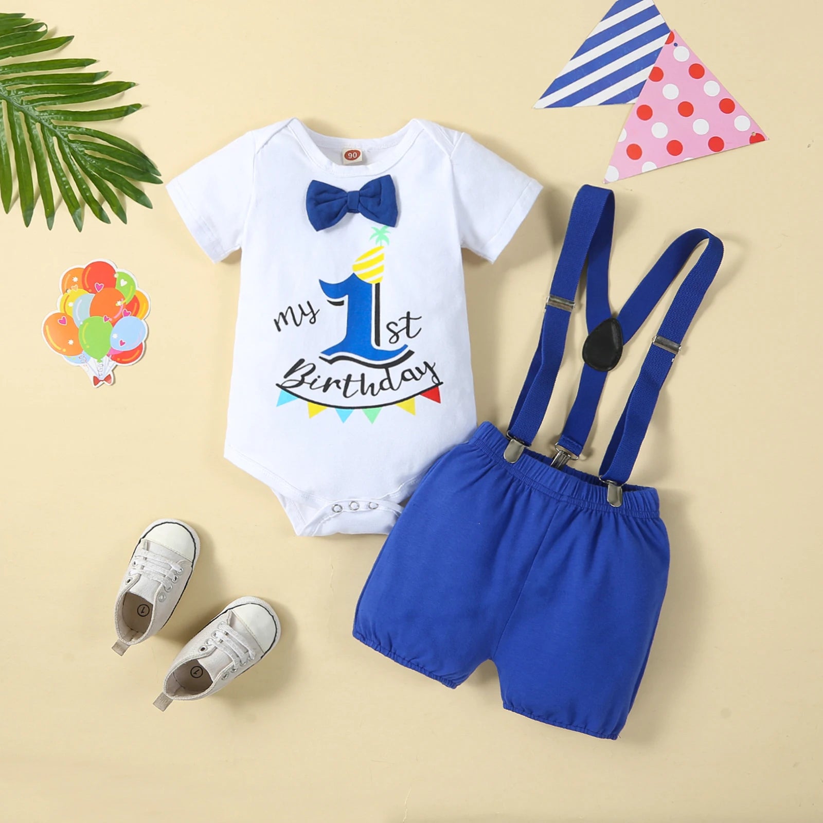 Baby Boy 1st Birthday Outfit – Balloon “1” Bodysuit & Suspender Shorts